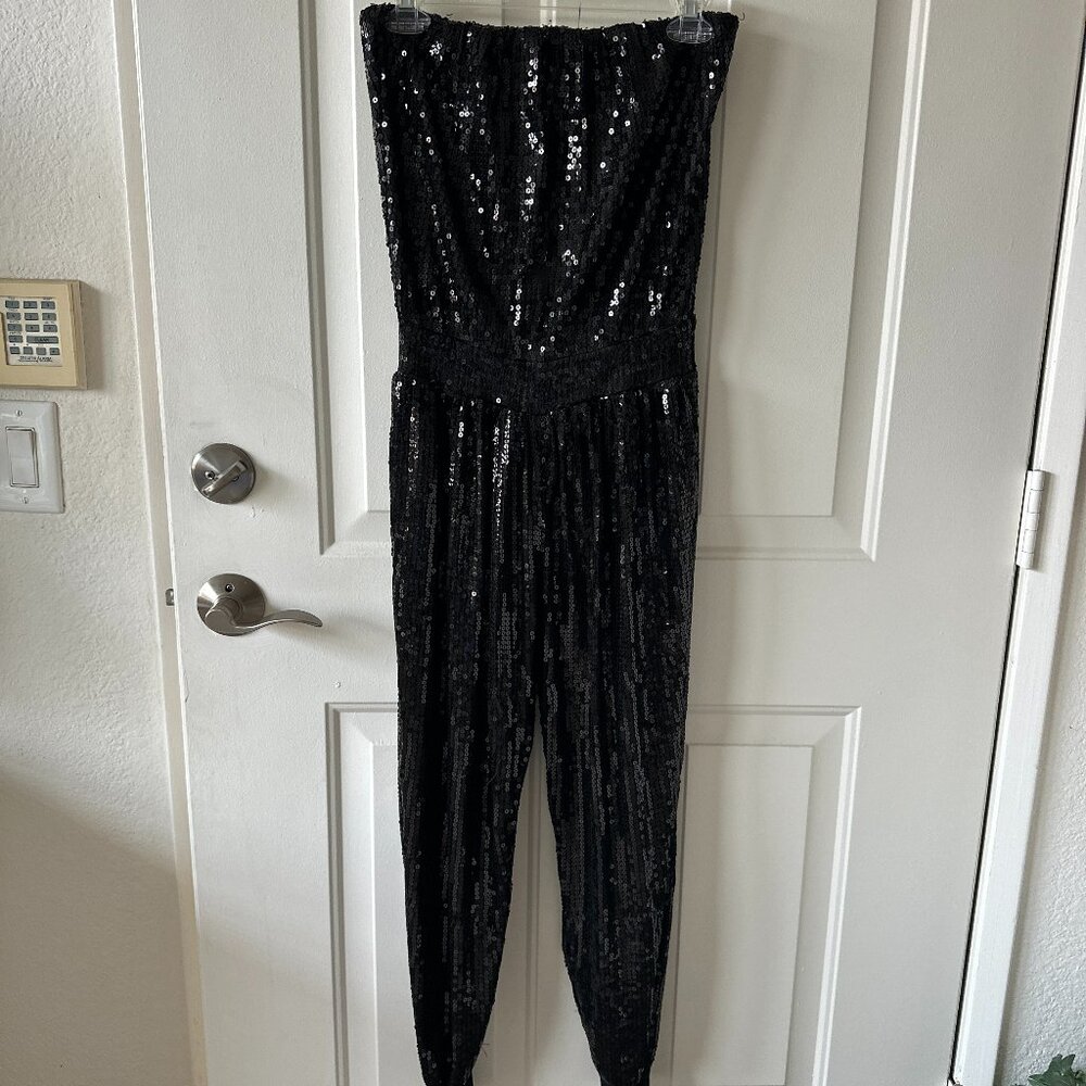 Black Sequin Strapless Jumpsuit